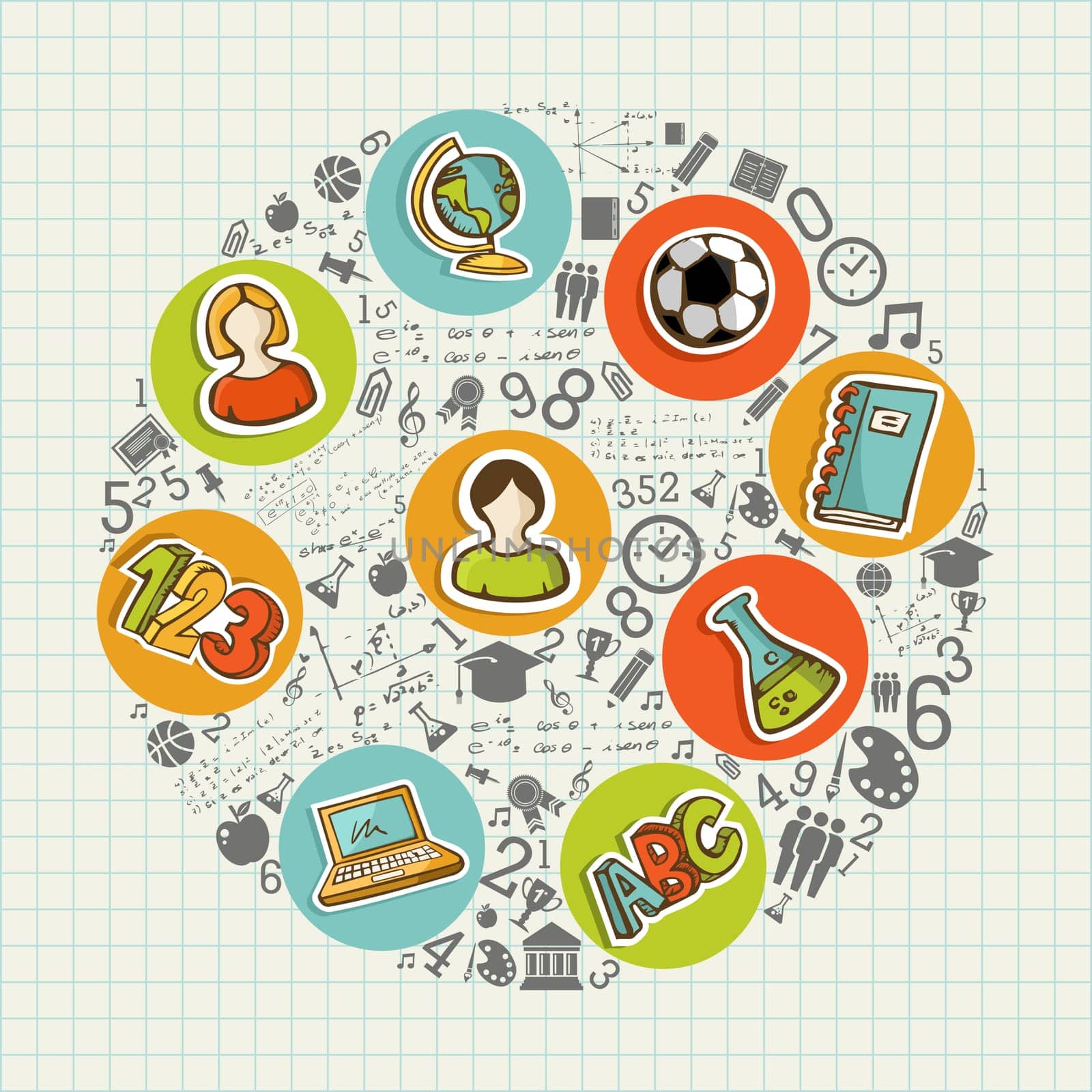 Back to School education colorful circle icons. Vector layered for easy personalization.