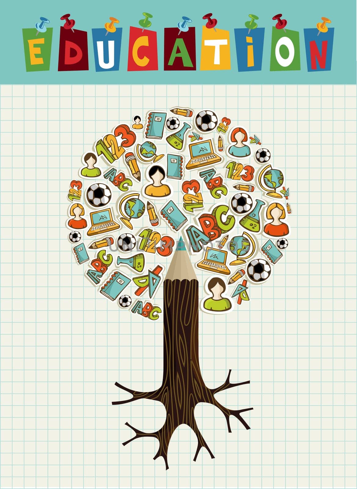 Back to school pencil tree global education icons grid sheet background. Vector layered for easy personalization.