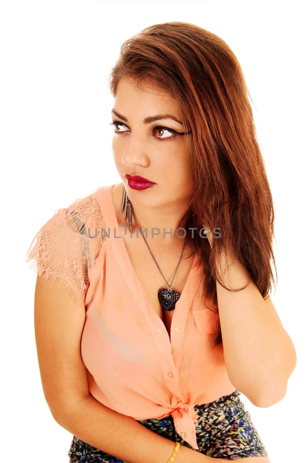 A portrait picture of a beautiful young woman looking at the side, for.white background..