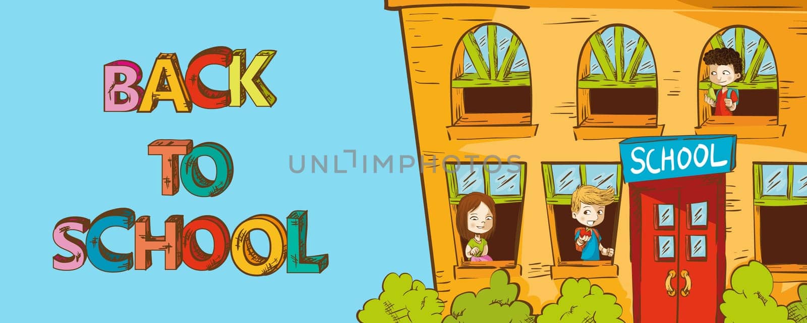 Back to School education School house with kids inside cartoon illustration. Vector layered for easy personalization