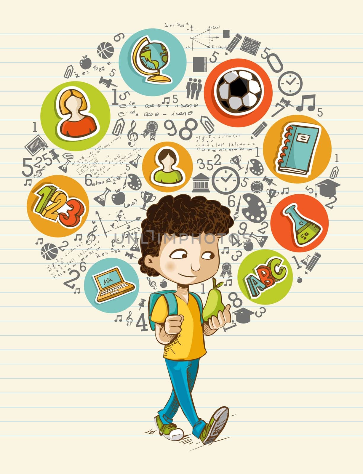 Education back to school cartoon boy colorful global icons. Vector layered for easy personalization.