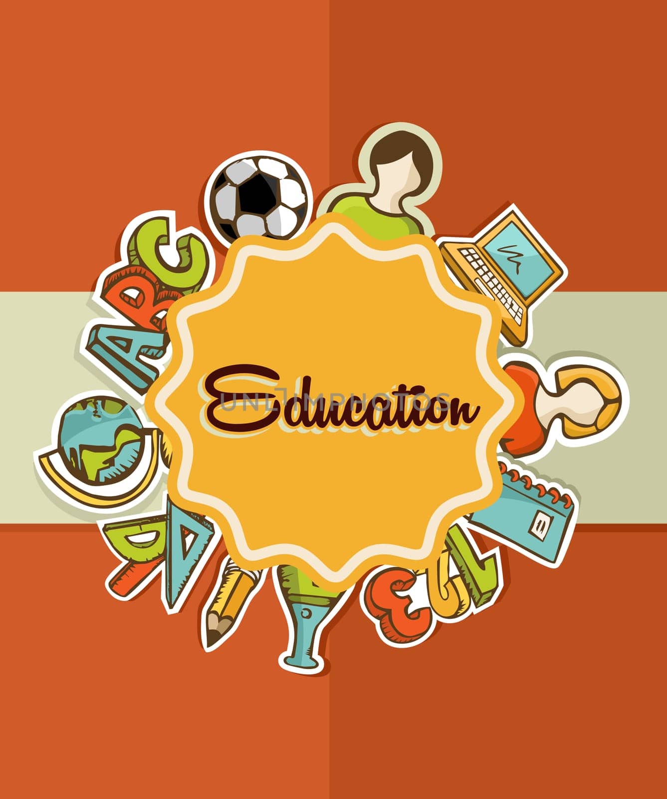 Back to School colorful icons education label over orange background. Vector layered for easy personalization.