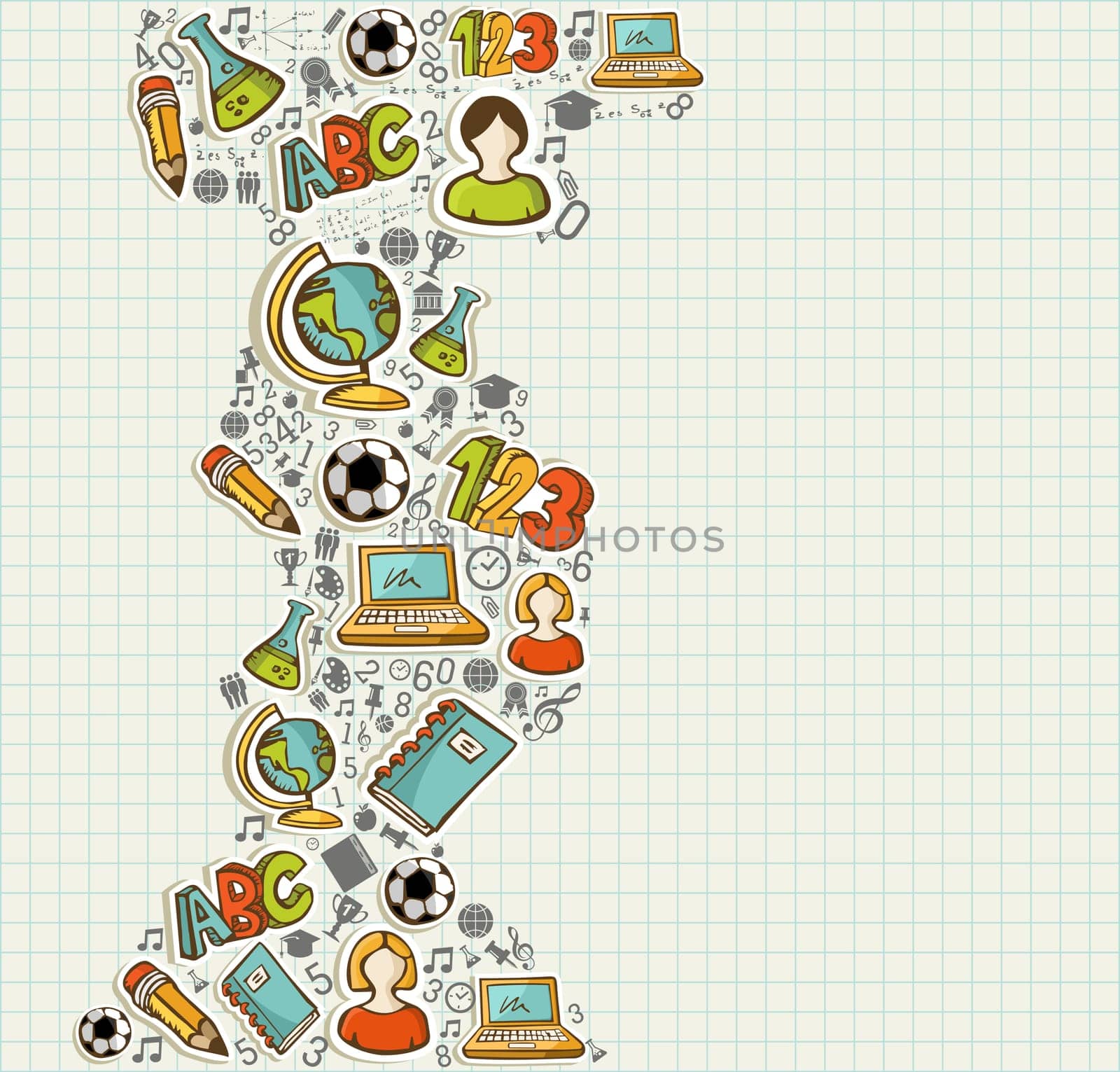 Education back to school colorful cartoon icons over grid sheet background. Vector layered for easy personalization.