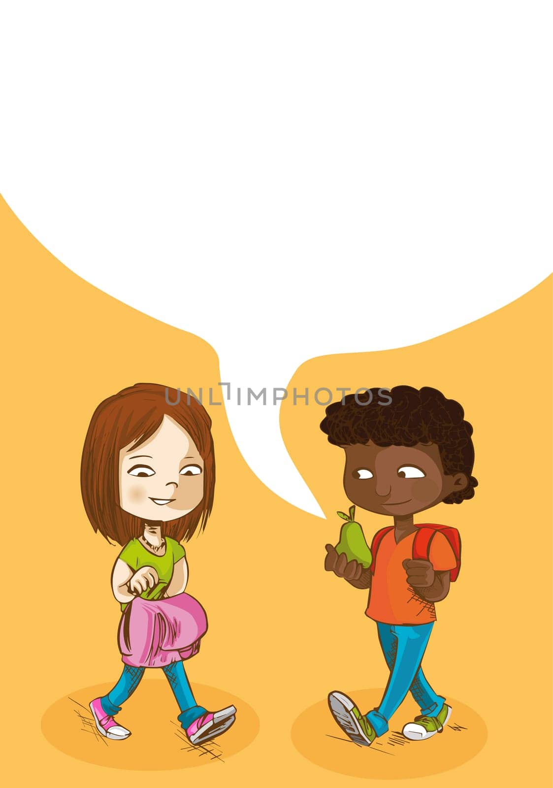 Education cartoon kids walking back to school with social media speech bubble. Vector layered for easy personalization.