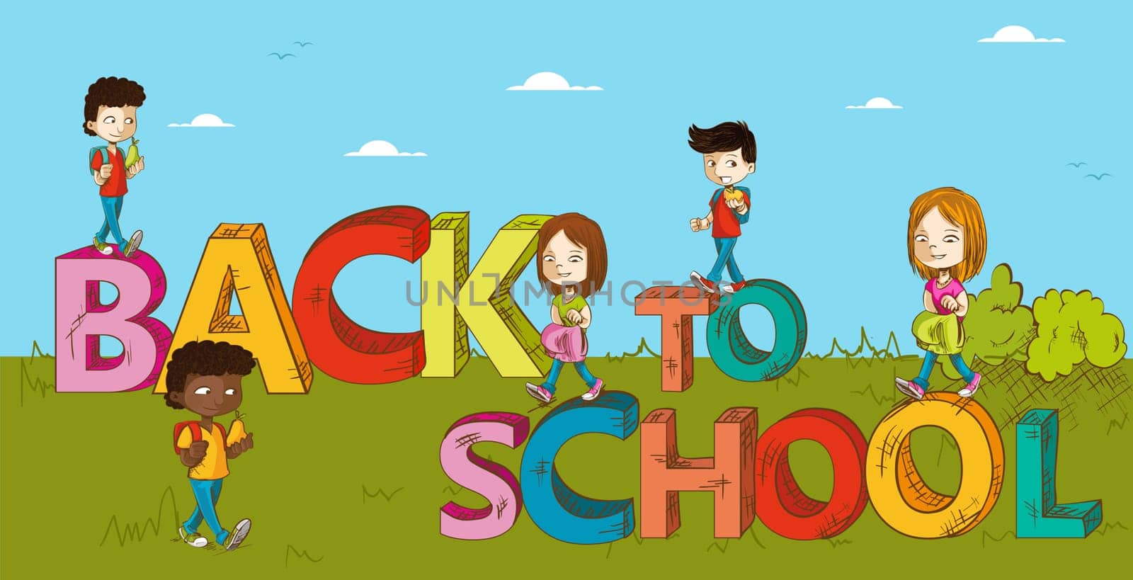 Back to school text cartoon kids walking to school education illustration. Vector layered for easy personalization.