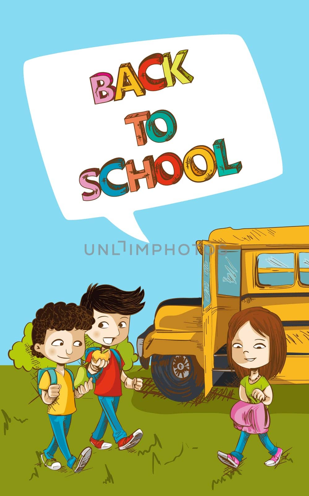 Education cartoon kids walking from school bus back to school text social media speech bubble. Vector layered for easy personalization.