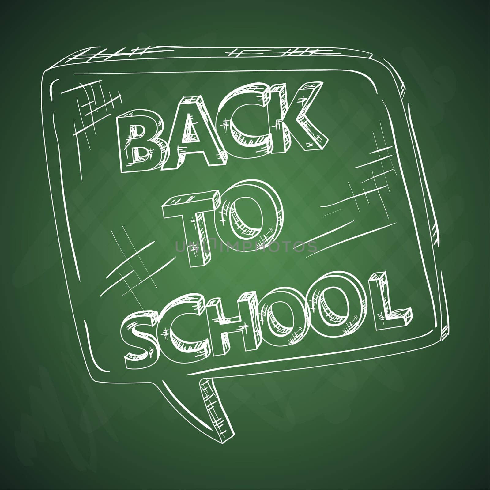 Back to school green chalkboard with social media speech bubble. Vector layered for easy editing.