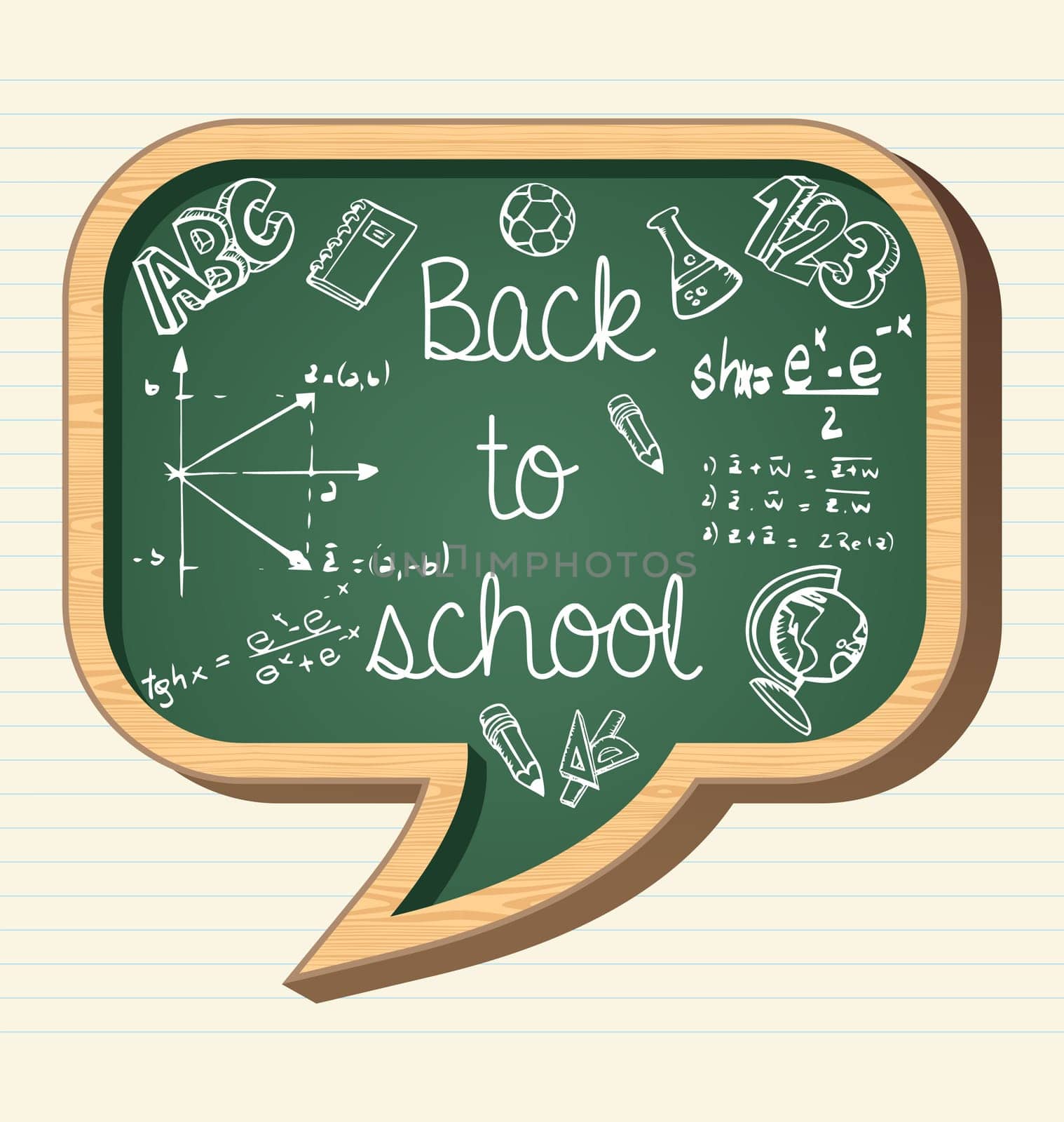 Back to school wooden chalkboard social media speech bubble icon, education elements illustration. Vector file layered for easy personalization.