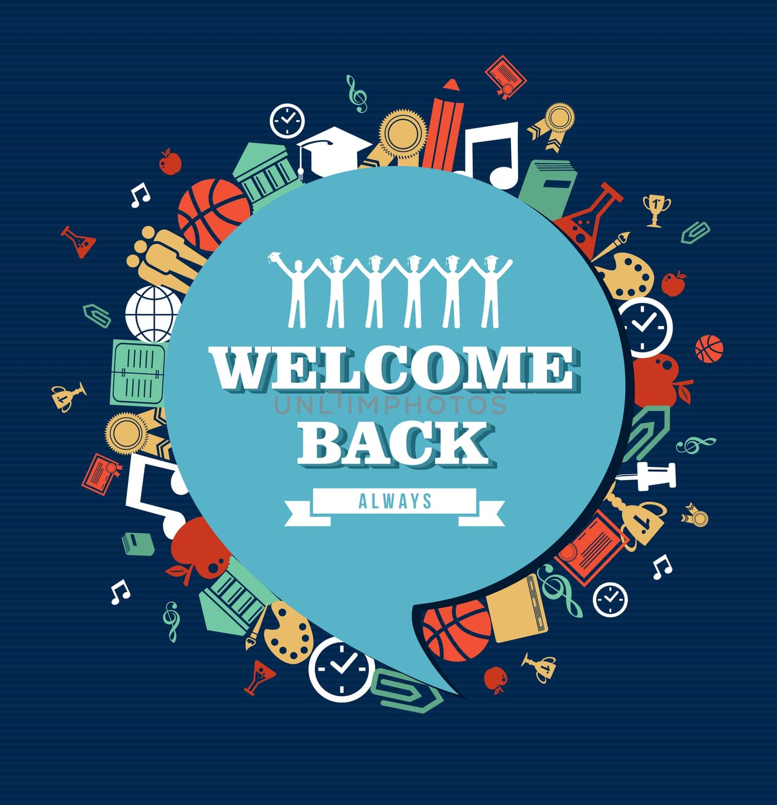 Education global icons set around social media speech bubble Welcome back text Back to School illustration. Vector file layered for easy personalization.