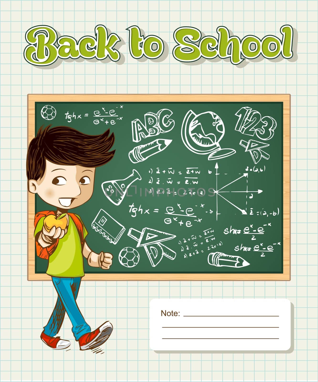 Education cartoon boy walk back to school, chalkboard grid sheet background. Vector file layered for easy personalization.