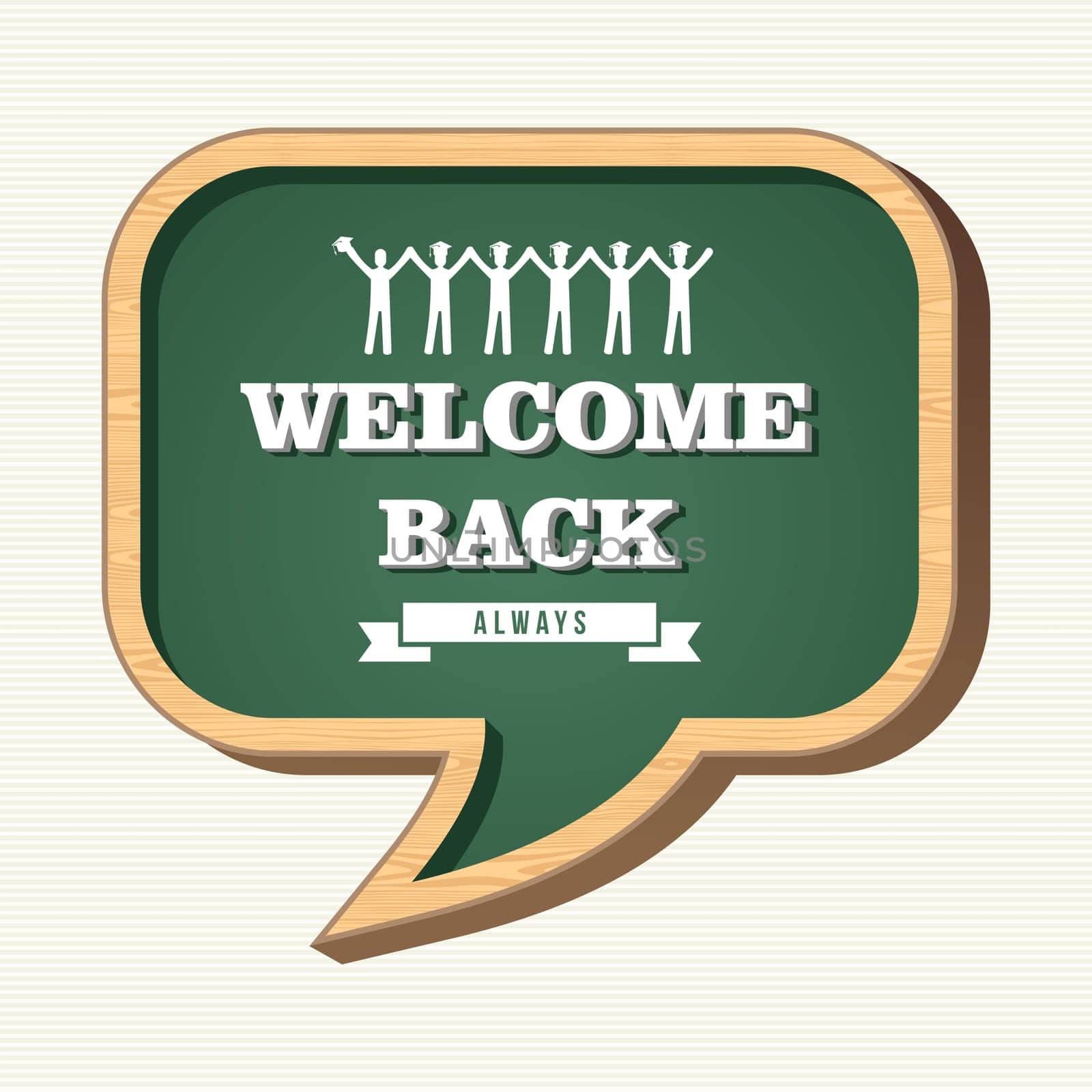 Back to school social media speech bubble wood chalkboard, people icons illustration. Vector file layered for easy personalization.