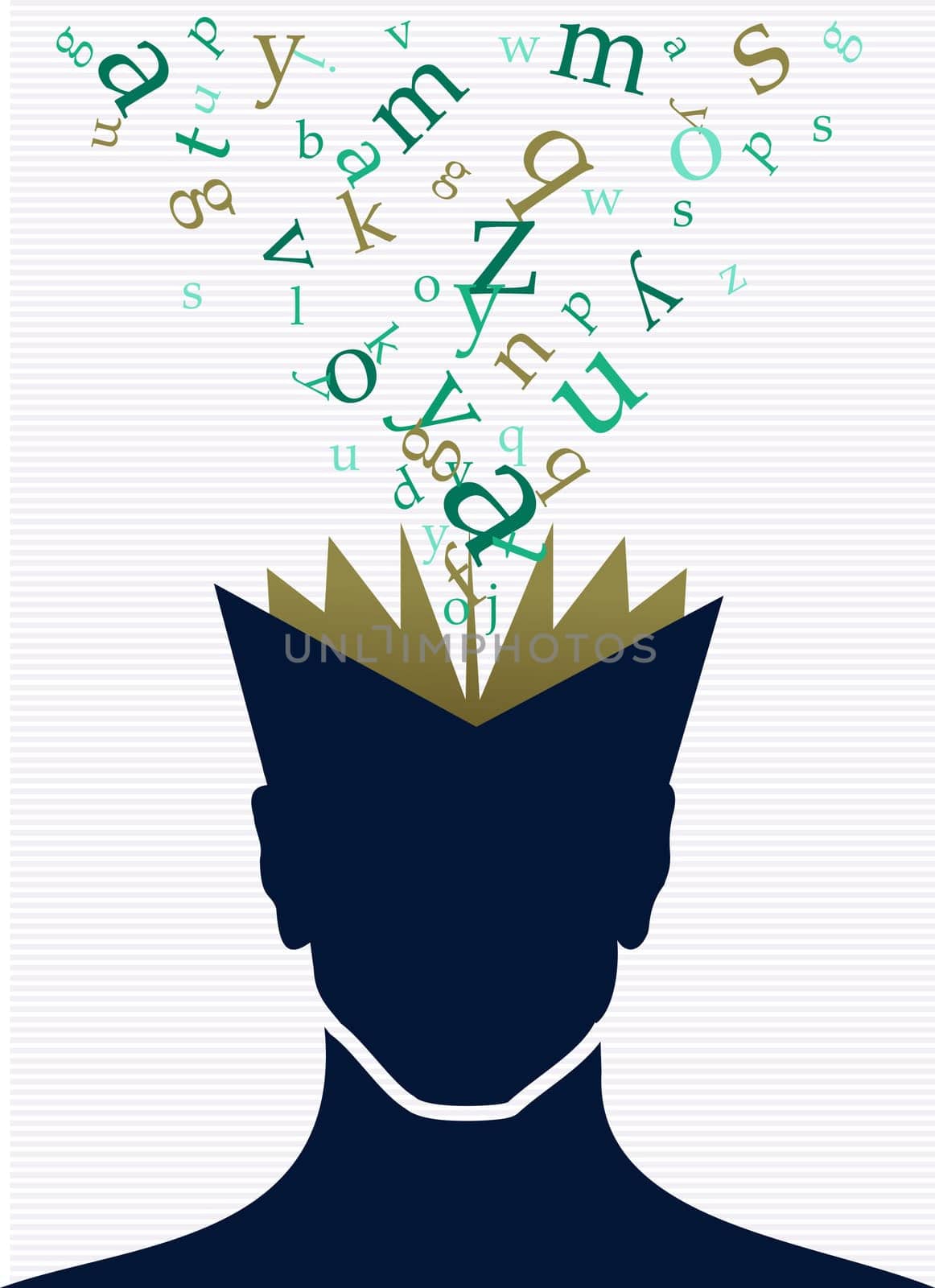 Vintage human head open book words splash illustration. Vector file layered for easy manipulation and custom coloring.