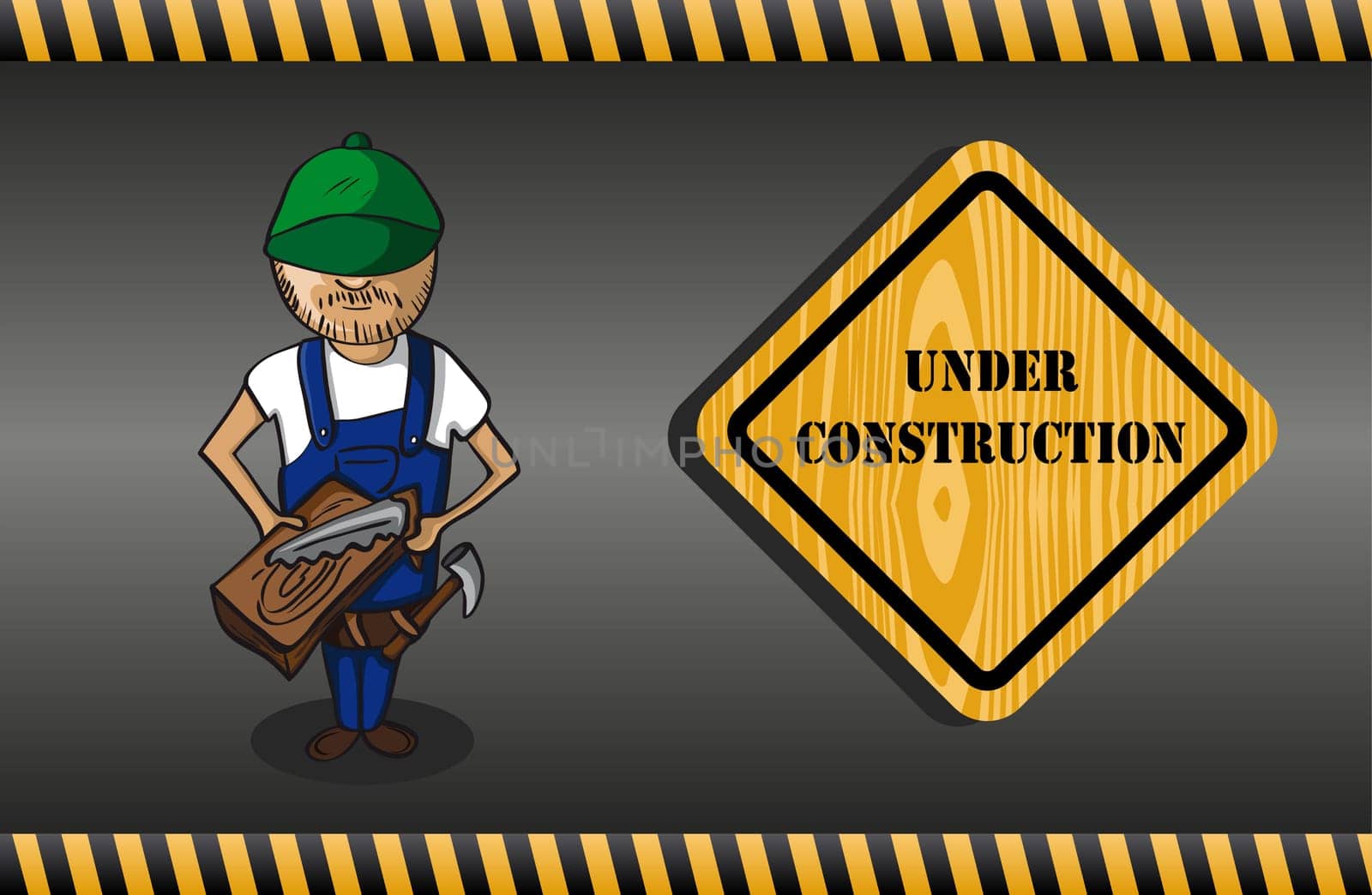 Carpenter man cartoon, under construction sign, grey background. Vector file layered for easy editing.