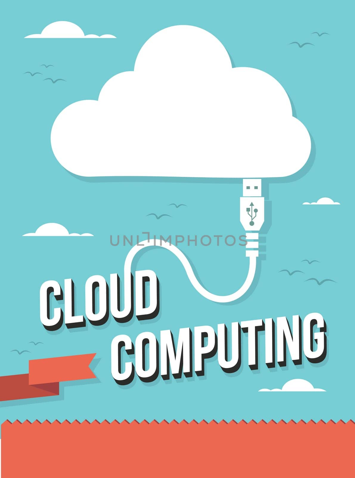USB icon wire cloud computing text illustration. Vector illustration layered for easy manipulation and custom coloring.