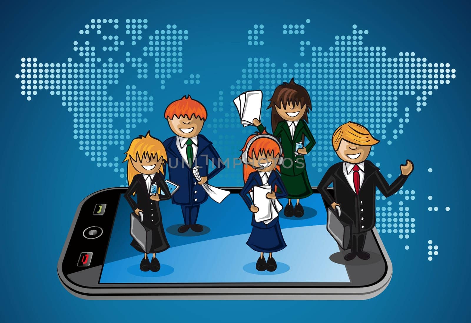 Smart phone world map business application people teamwork cartoon. Vector file layered for easy personalization.