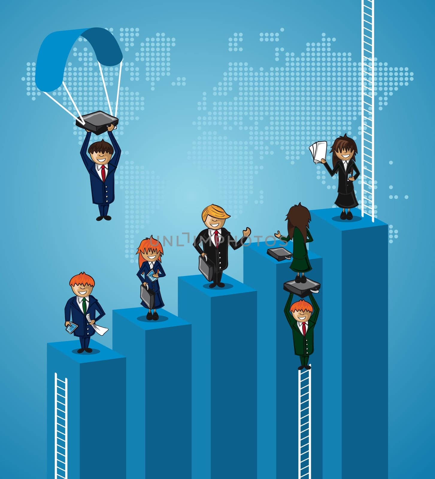 Teamwork world map business people with ladders concept. Vector file layered for easy manipulation and custom coloring..