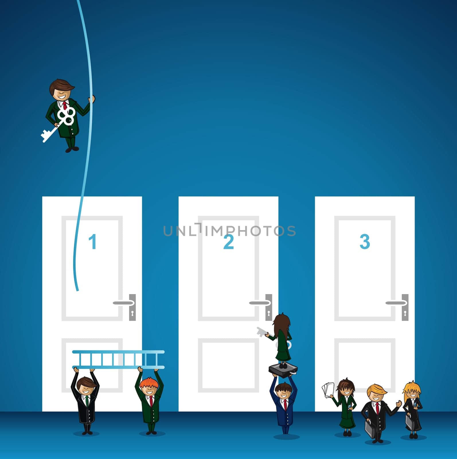 Business success, choice door leadership key cartoon people. Vector file layered for easy personalization.