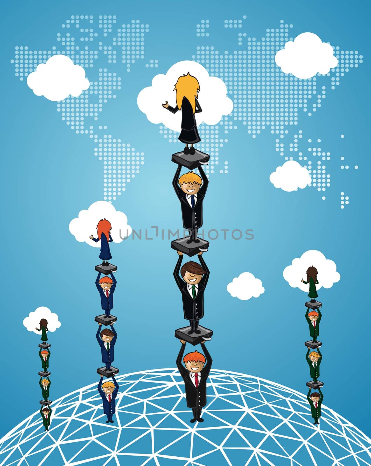 Global Business people work group success using cloud computing cartoon illustration. Vector file layered for easy manipulation and custom coloring..