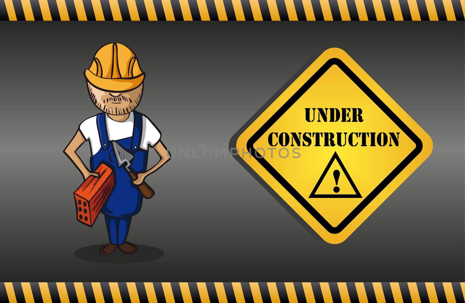 Construction worker man cartoon, yellow under construction warning sign, grey background. Vector file layered for easy editing.