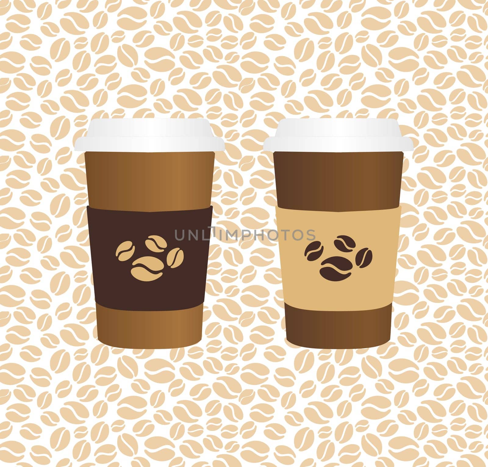 Coffee paper cups, beans seamless pattern background. Vector file layered for easy manipulation and custom coloring.
