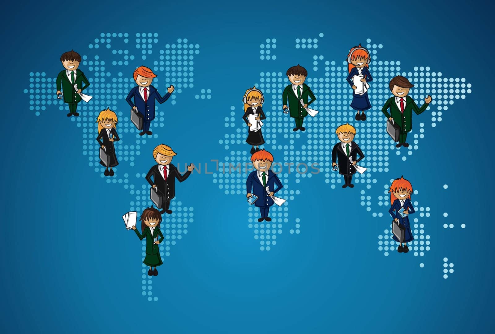 Global map business teamwork happy faces cartoon illustration. Vector file layered for easy personalization.