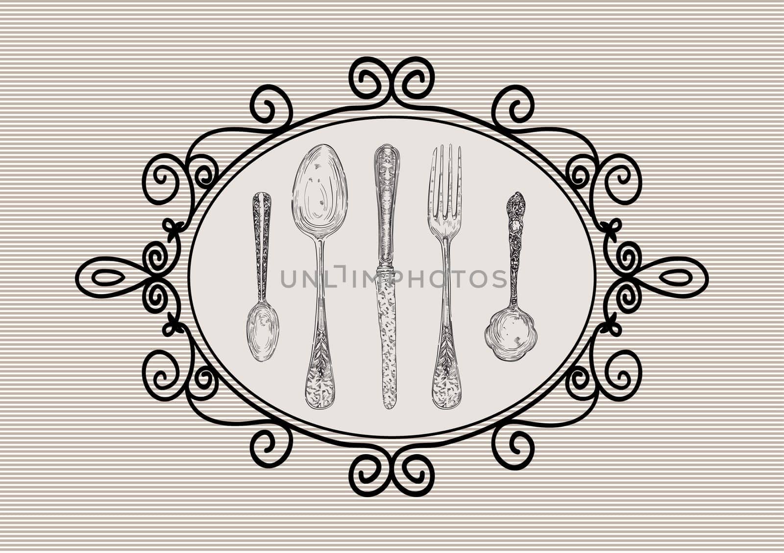 Vintage hand drawn silverware icons old frame illustration. Vector file layered for easy manipulation and custom coloring.