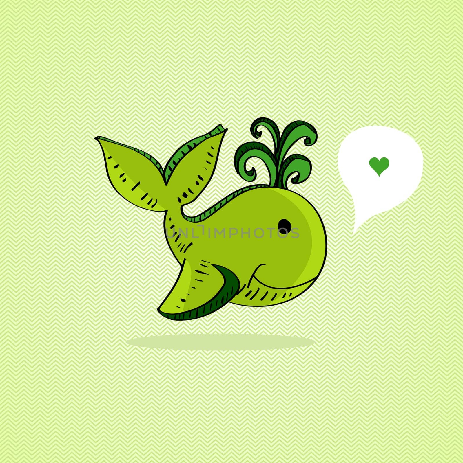 Hand drawn green whale, love social media bubble. Vector file layered for easy editing