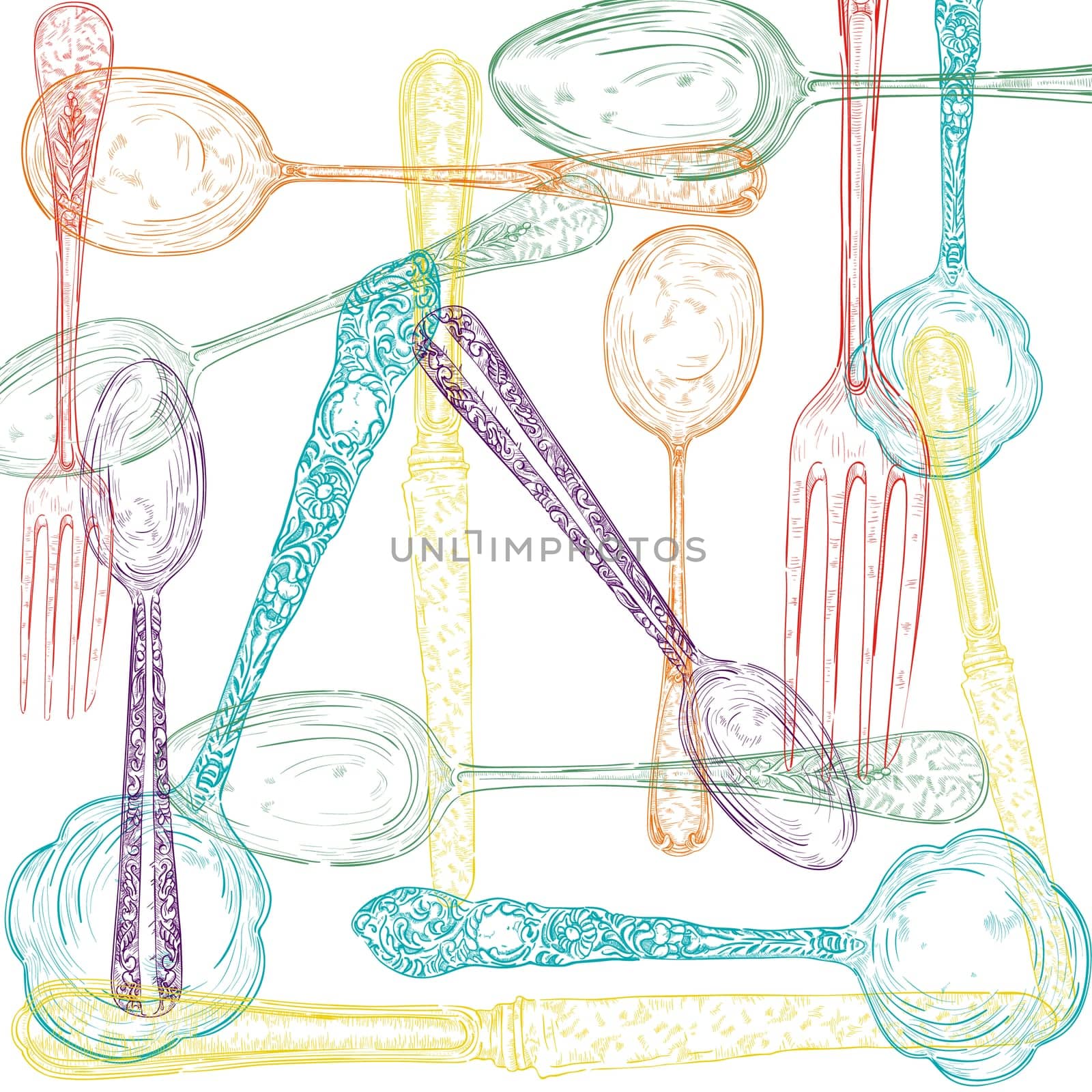 Vintage colorful transparent silverware items hand drawn illustration. Vector file layered for easy manipulation and custom coloring..