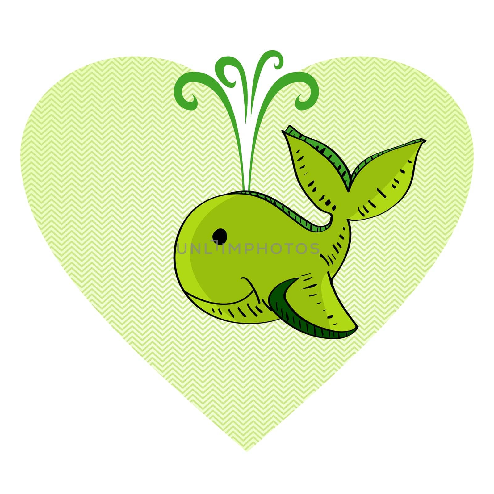 Hand drawn green whale heart shape illustration. Vector file layered for easy editing.