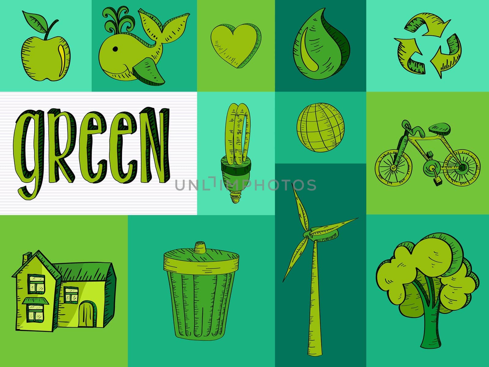 Sketch style green renewable resources symbols illustration. Vector file layered for easy editing.
