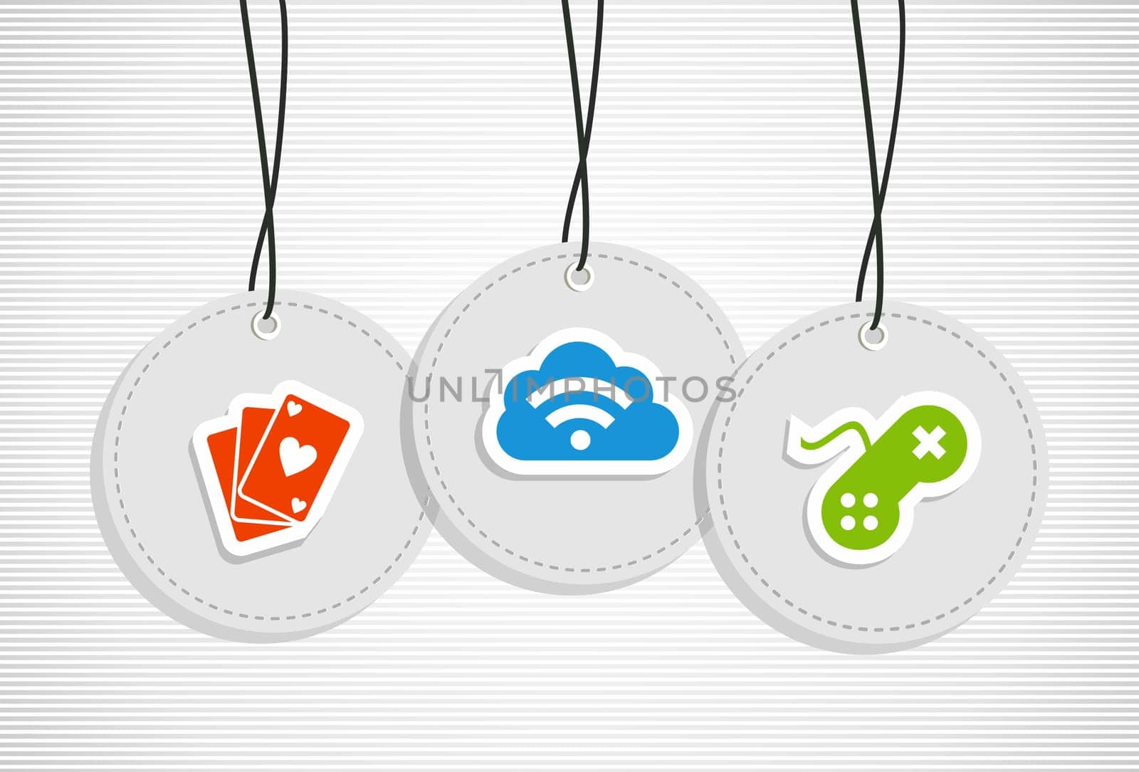 Gamers hang tags illustration poker cards wifi joystick set. Vector file layered for easy manipulation and custom coloring.