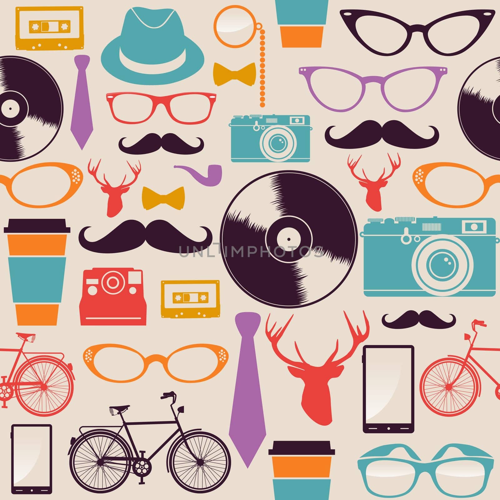 Colorful retro hipsters icons seamless pattern illustration. Vector file layered for easy manipulation and custom coloring..