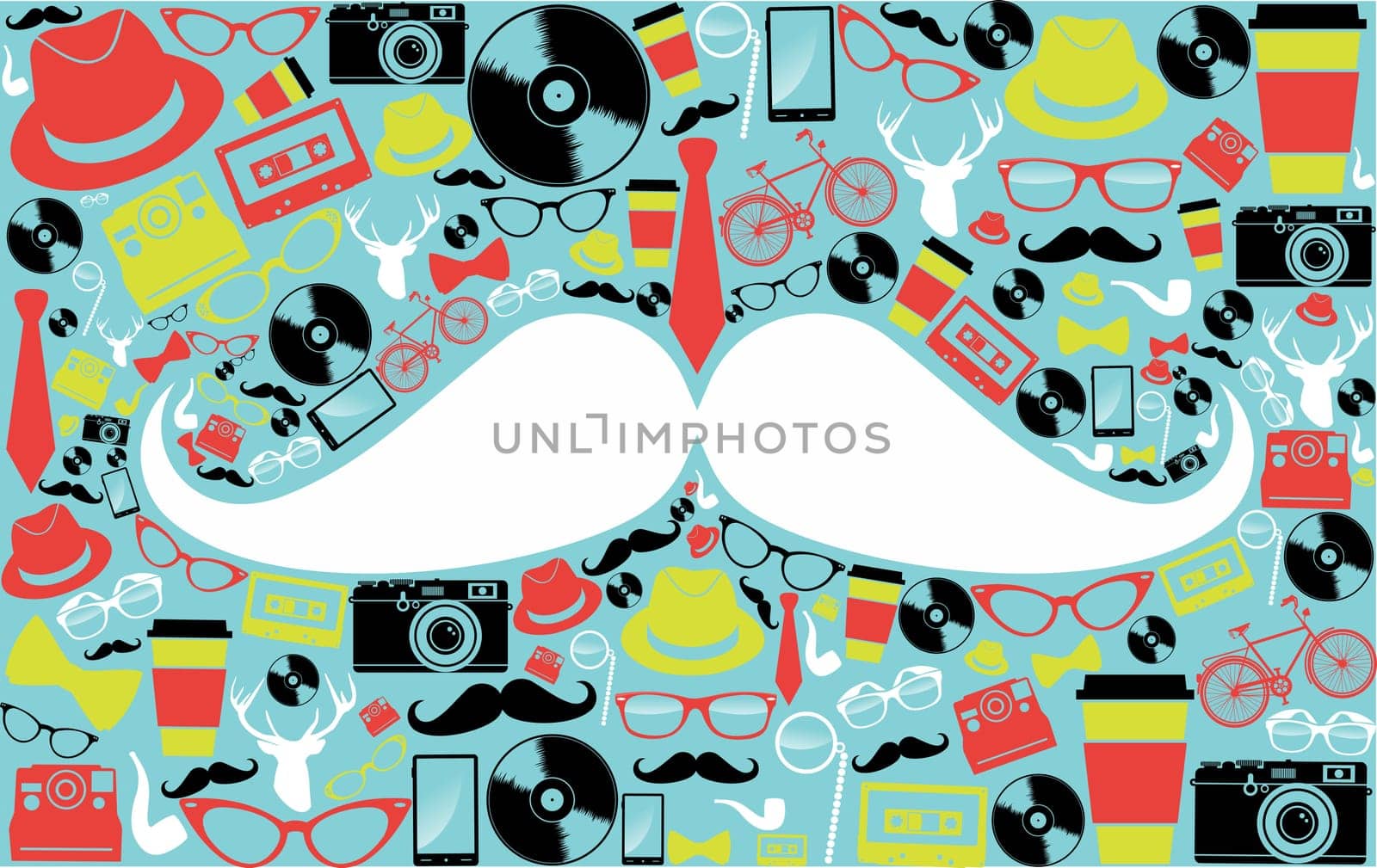 Colorful vintage hipsters icons mustache shape illustration. Vector file layered for easy manipulation and custom coloring.