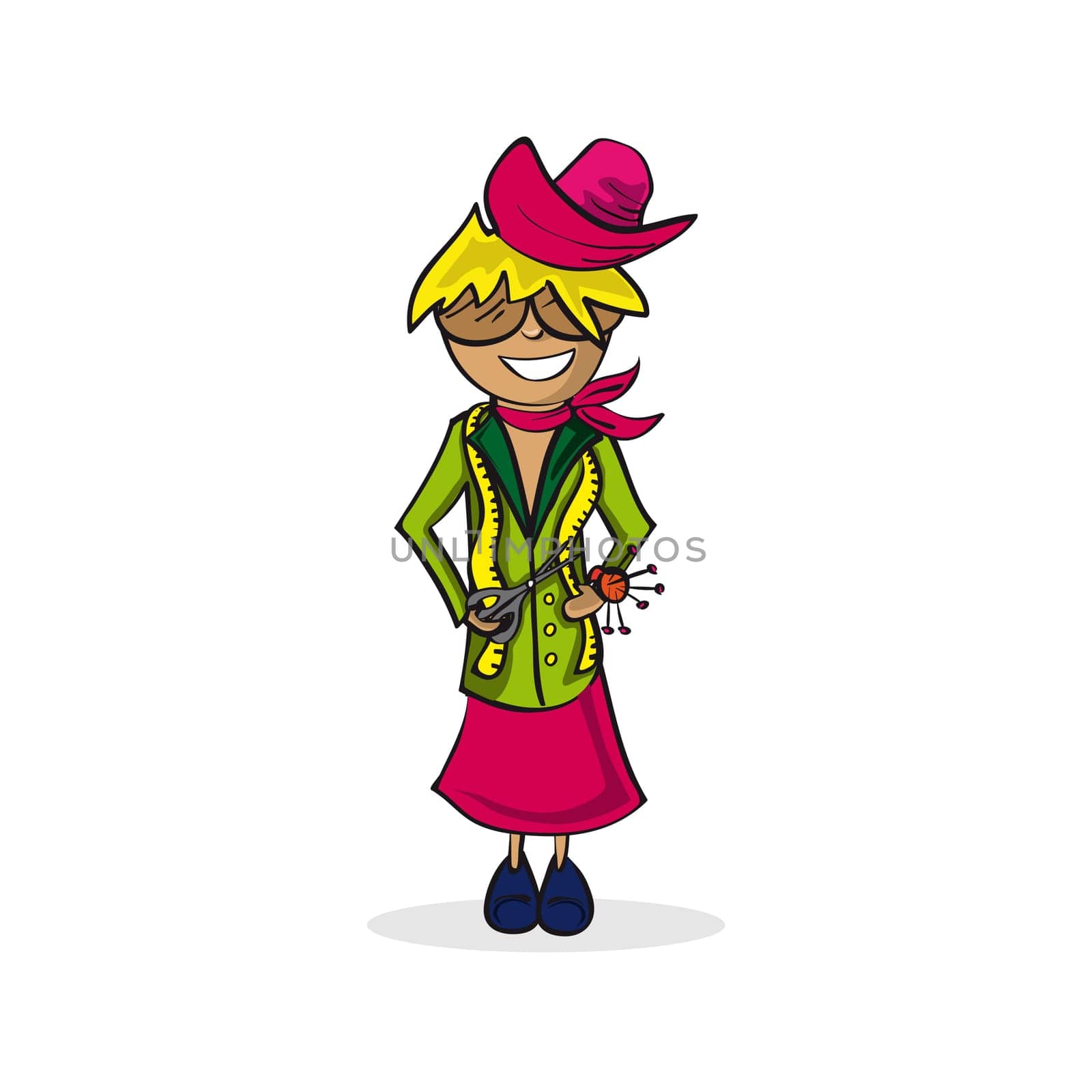 Profession career, clothing designer woman, work success illustration. Vector file layered for easy personalization.