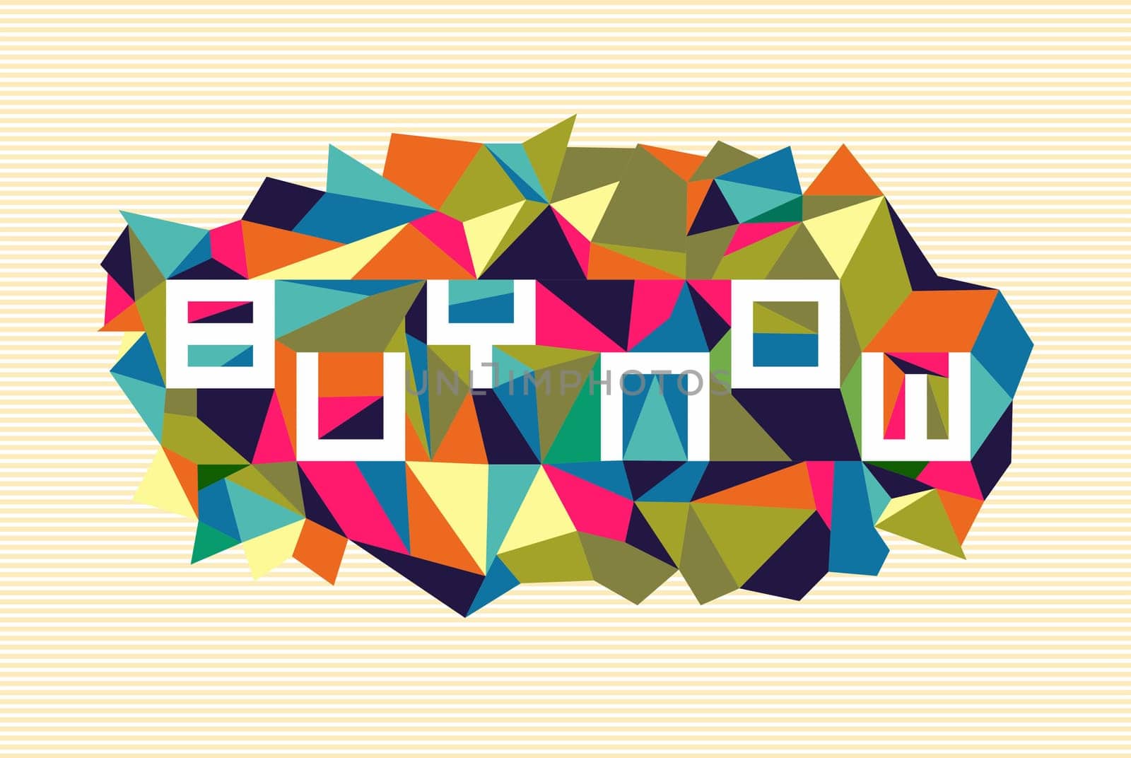 Unusual buy now flat text over vintage triangle composition background. Vector file layered for easy manipulation and custom coloring.