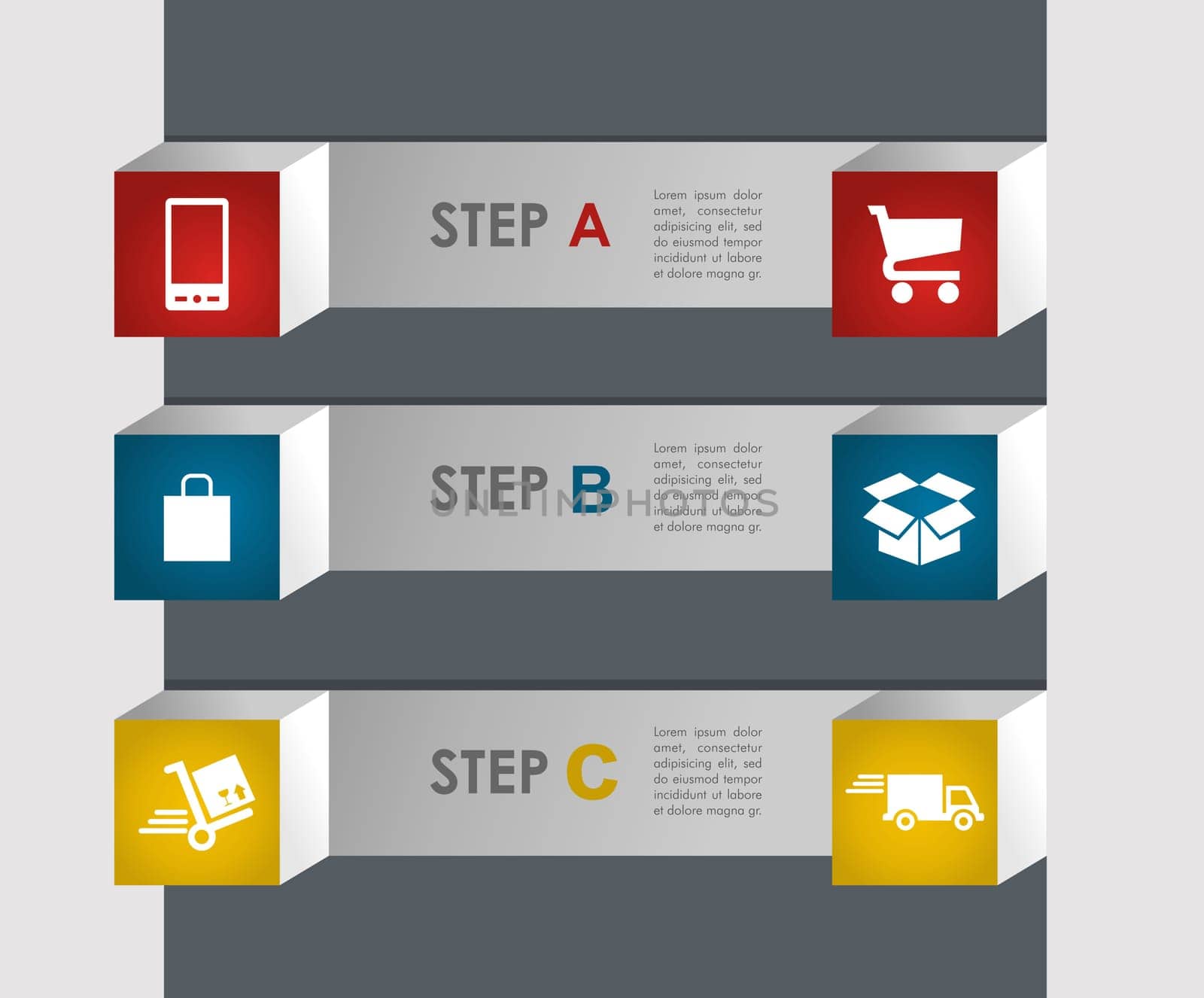 Web shopping and shipping info graphic icons steps. Vector file layered for easy manipulation and custom coloring..