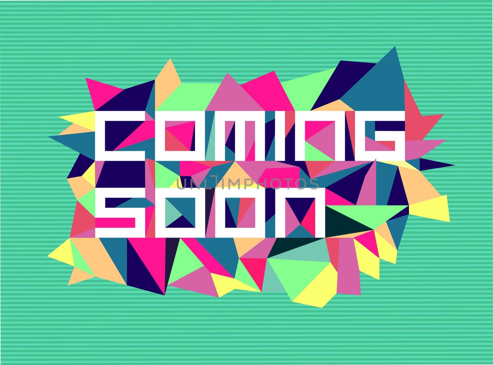 Trendy coming soon flat text over retro triangle composition background. Vector file layered for easy manipulation and custom coloring.