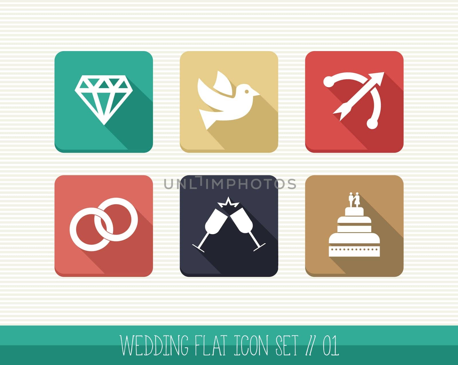 Wedding flat icon set, celebration relationship ceremony details web app. Vector file layered for easy editing.