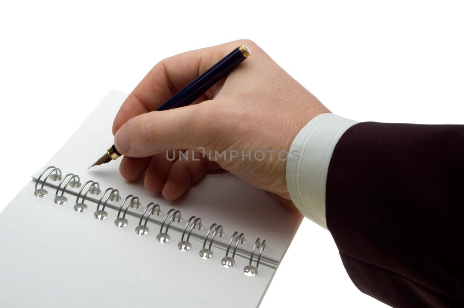 business men writing with pencil on white