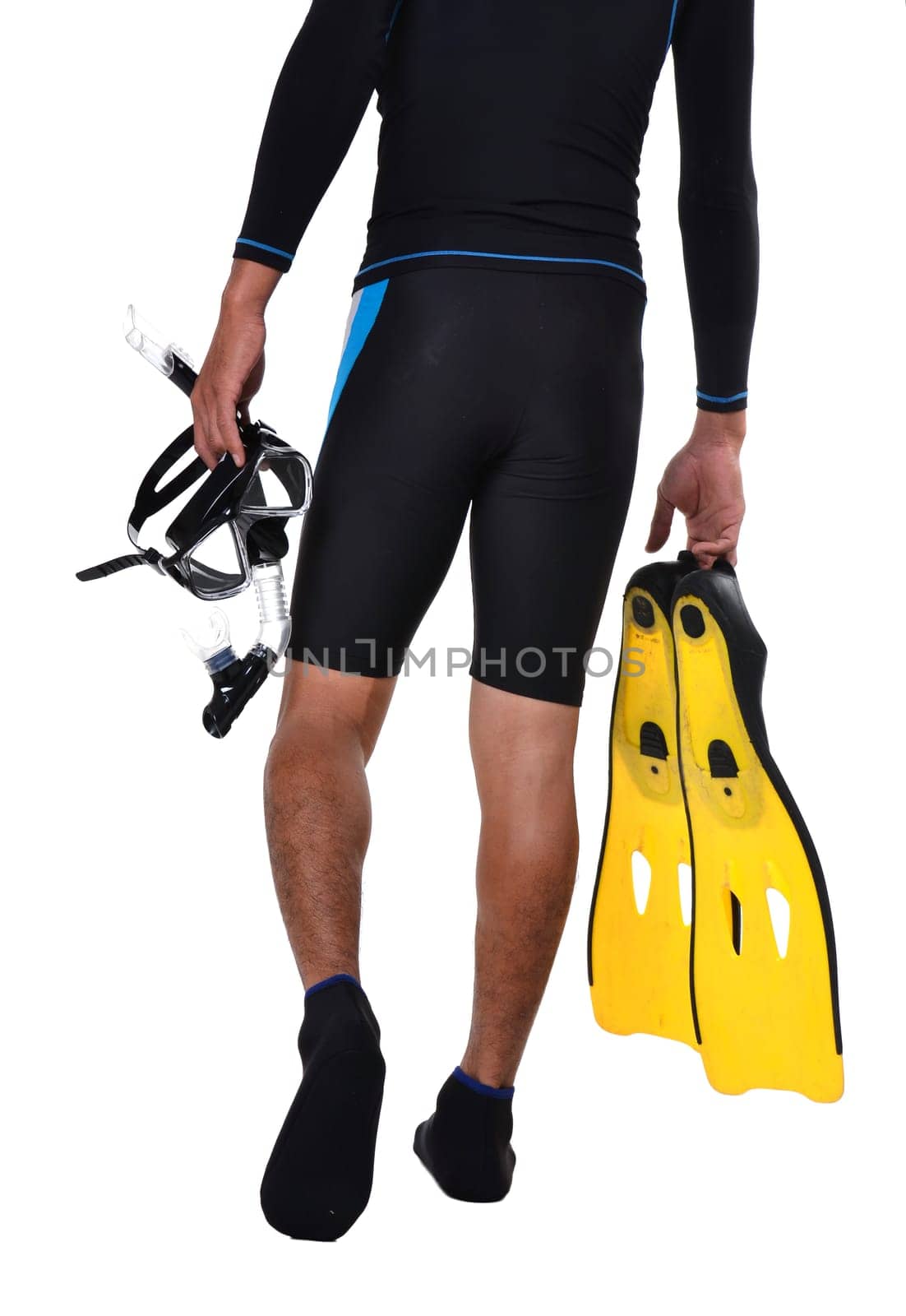man with snorkeling equipment isolated on white background