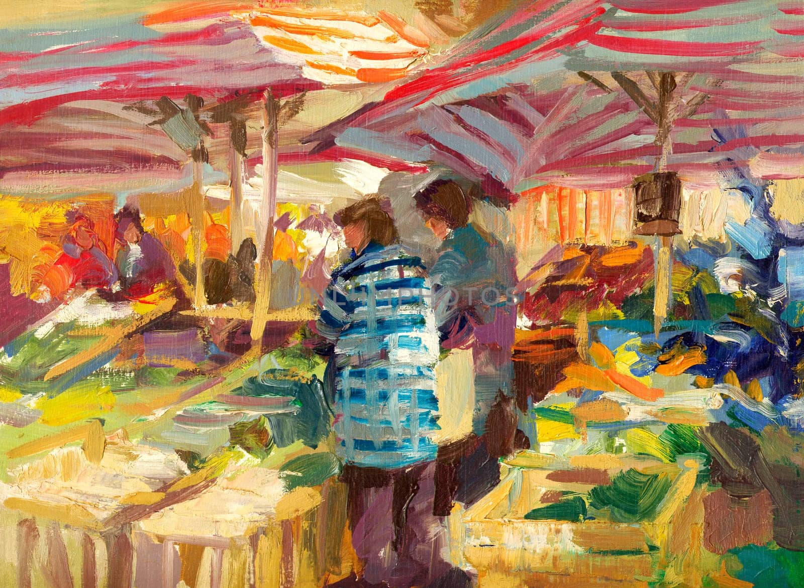 Weekly market motif - painting on wooden panel
