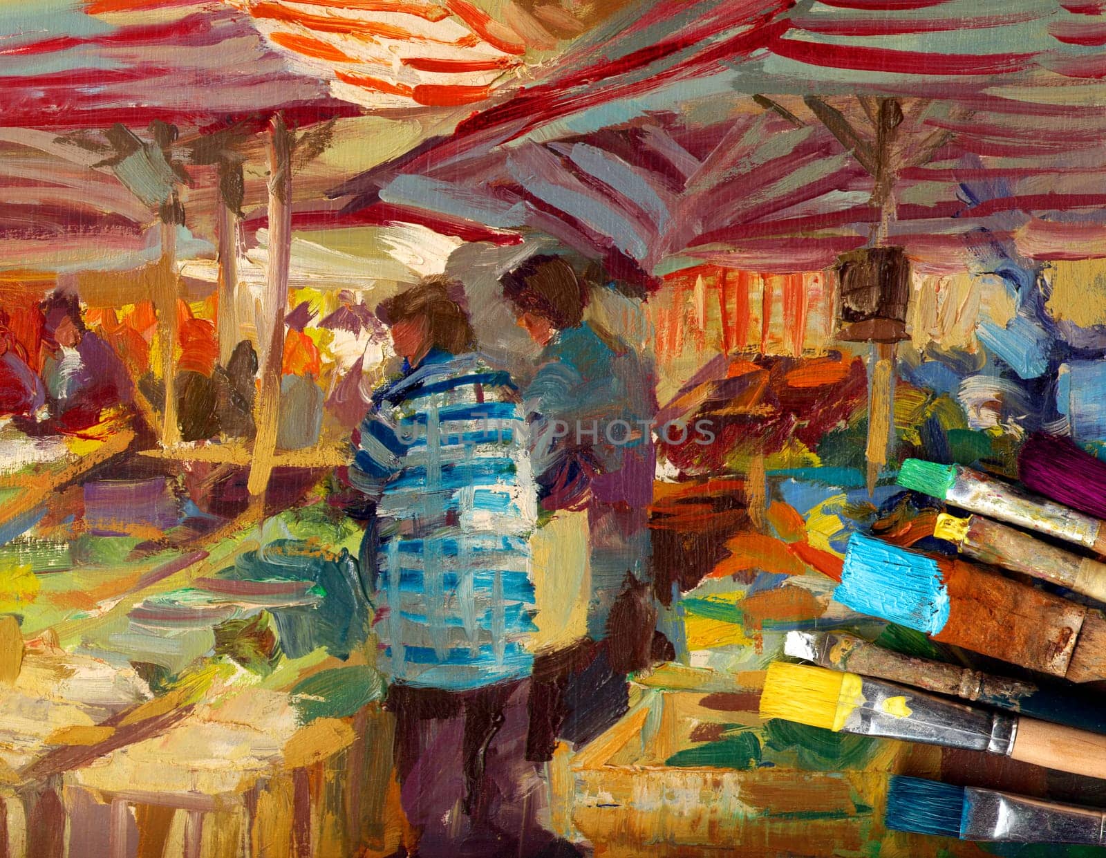 Brush painting hobby leisure - brush with oil paint on painted weekly market picture