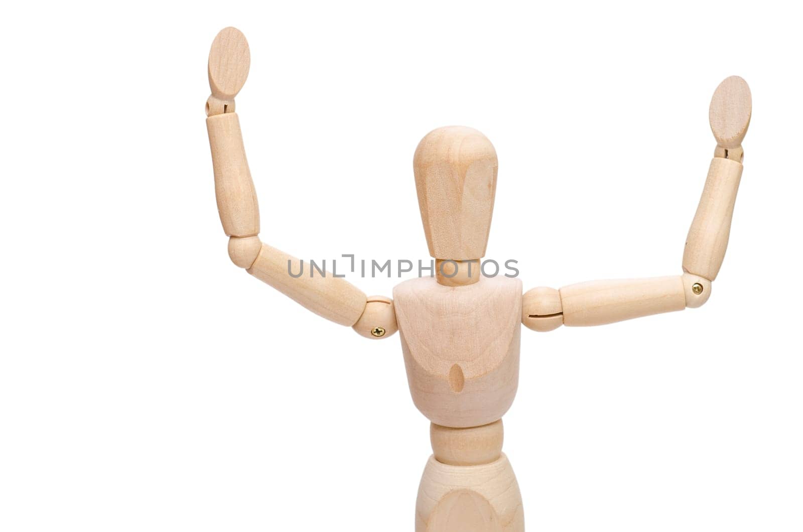 Wooden figure holds his arms up to cheer
