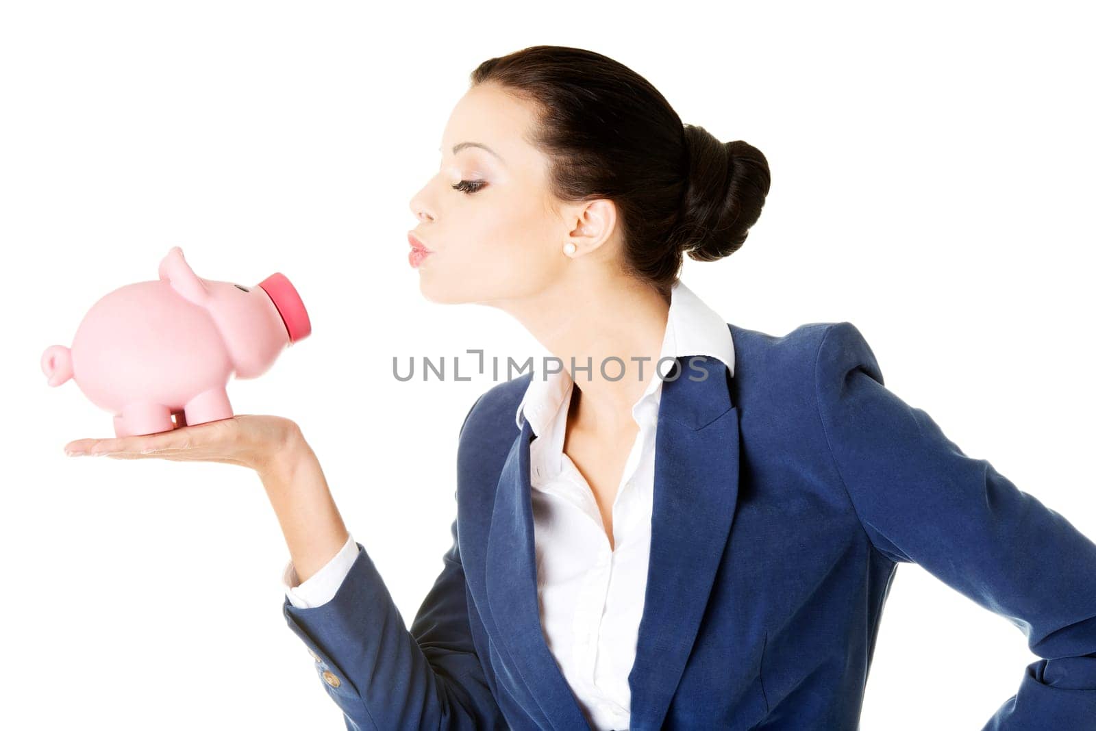 Happy excited success business woman with her savings, isolated