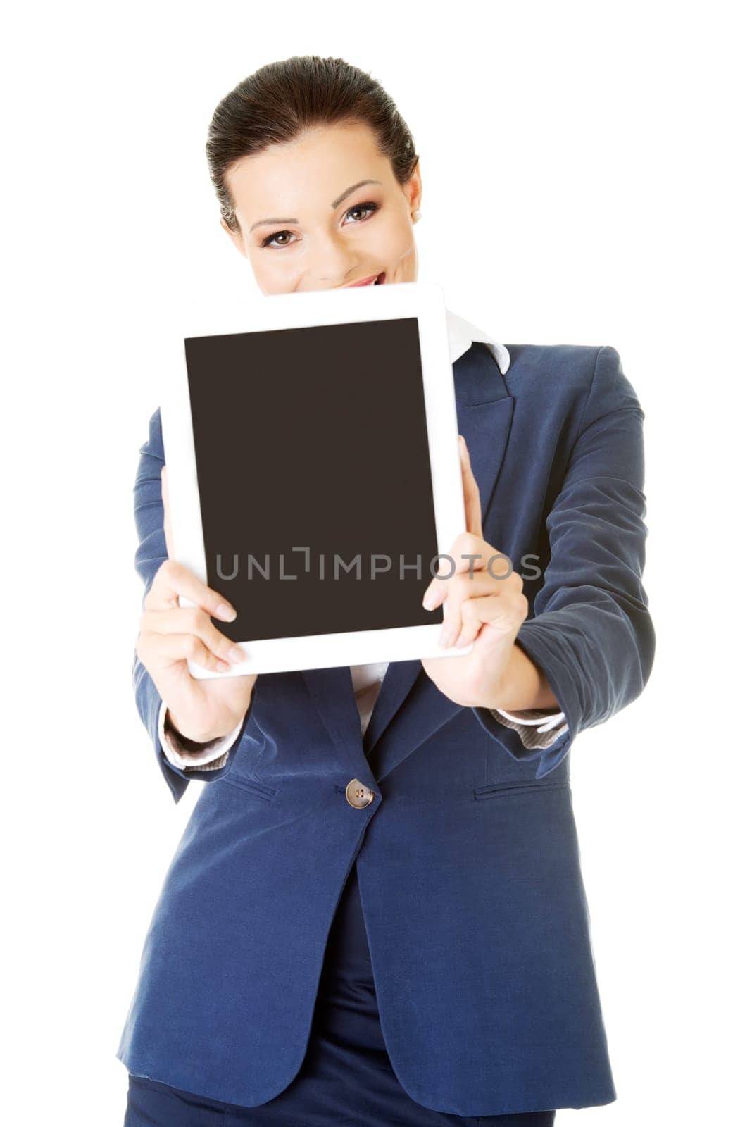 Business woman showing tablet PC with touch pad. Isolated on white