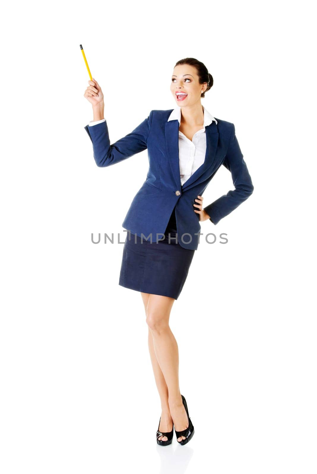 Attractive happy businesswoman with pen, isolated on white