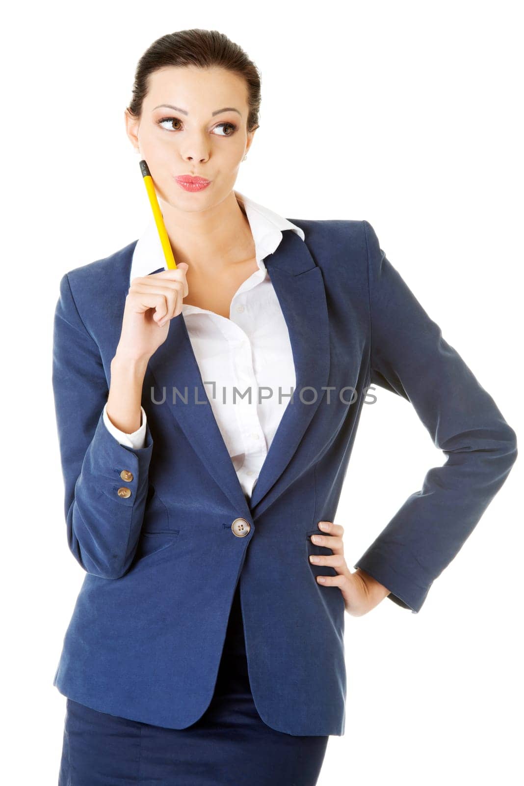 Attractive happy businesswoman with pen, isolated on white