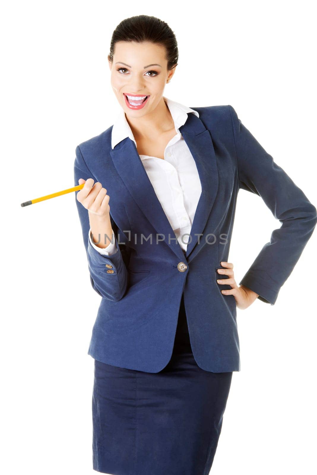 Attractive happy businesswoman with pen, isolated on white