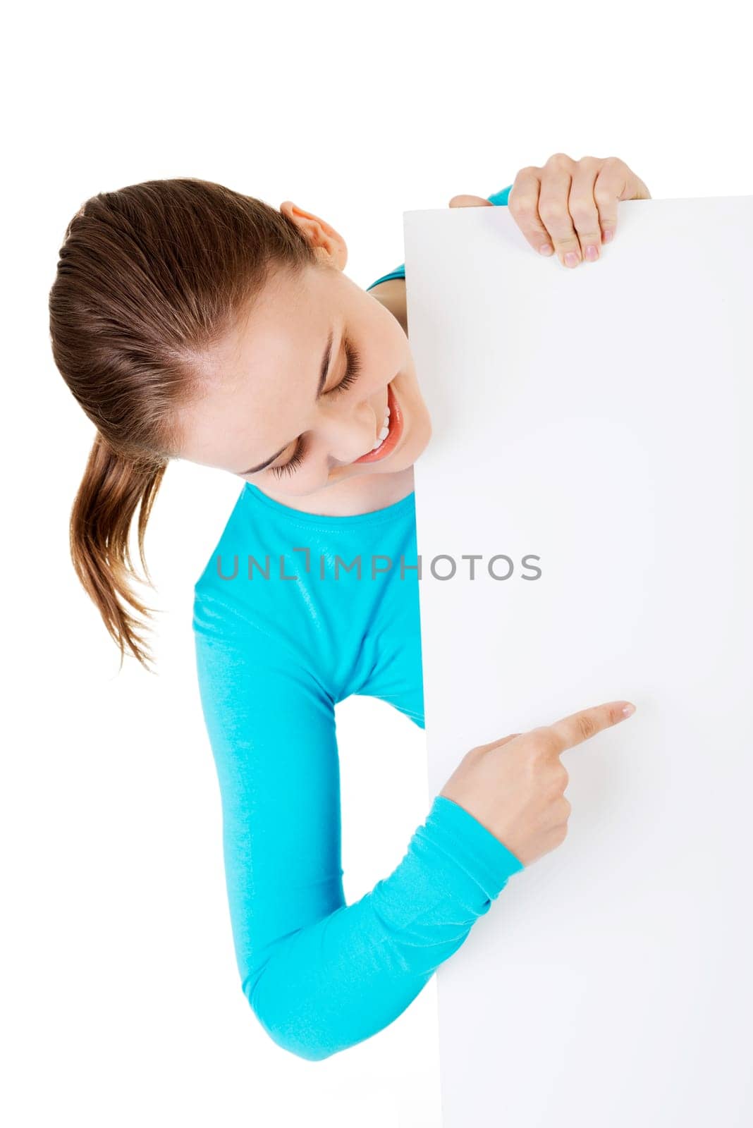 Portrait young happy woman with blank board , isoalted on white