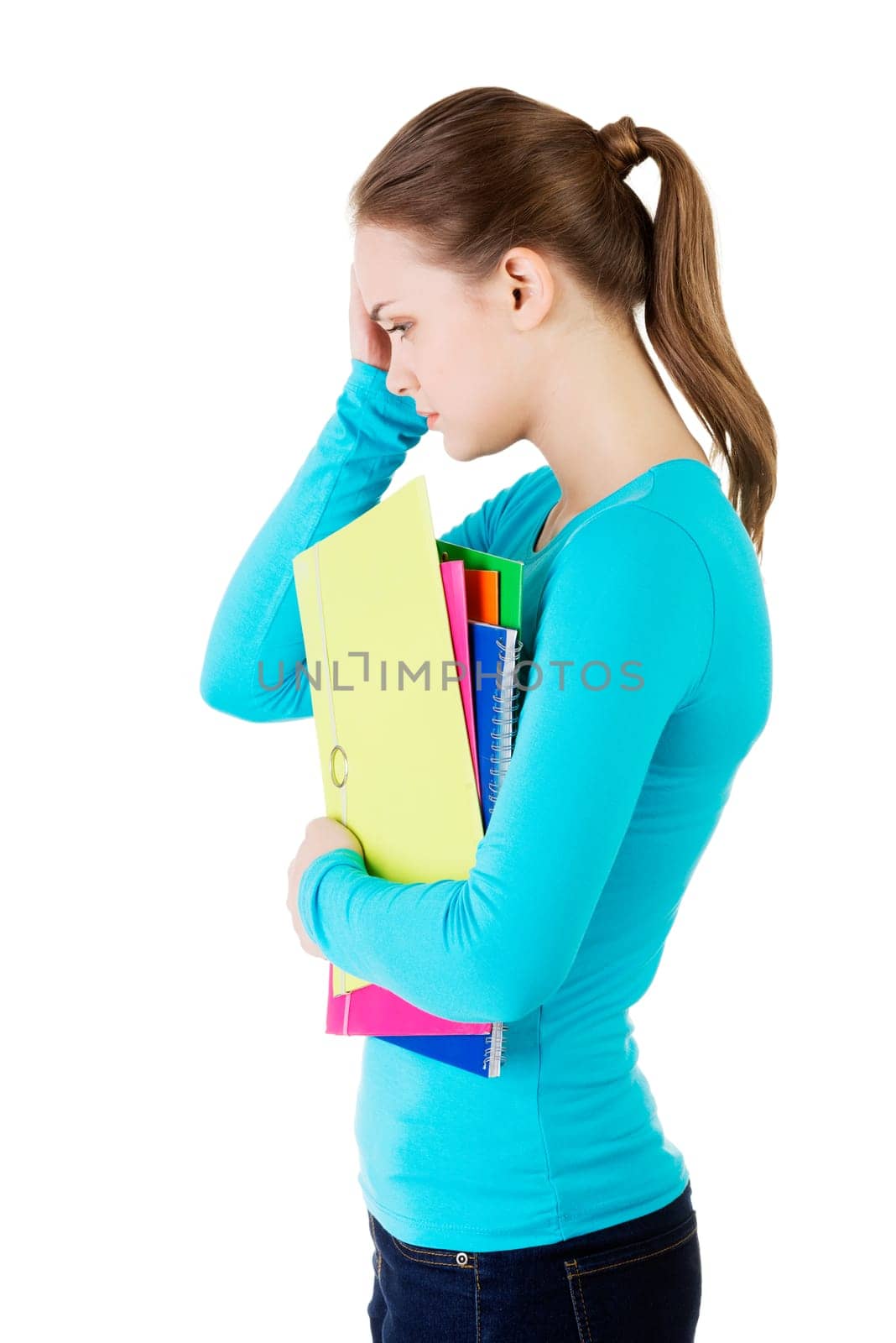 Young beautiful student woman with depression or problem isolated on white